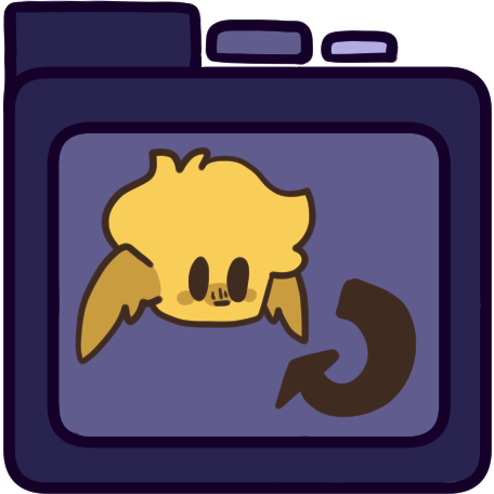  a purple file folder with a yellow person on it, the person has wings instead of ears and an arrow curves to point from them to them.